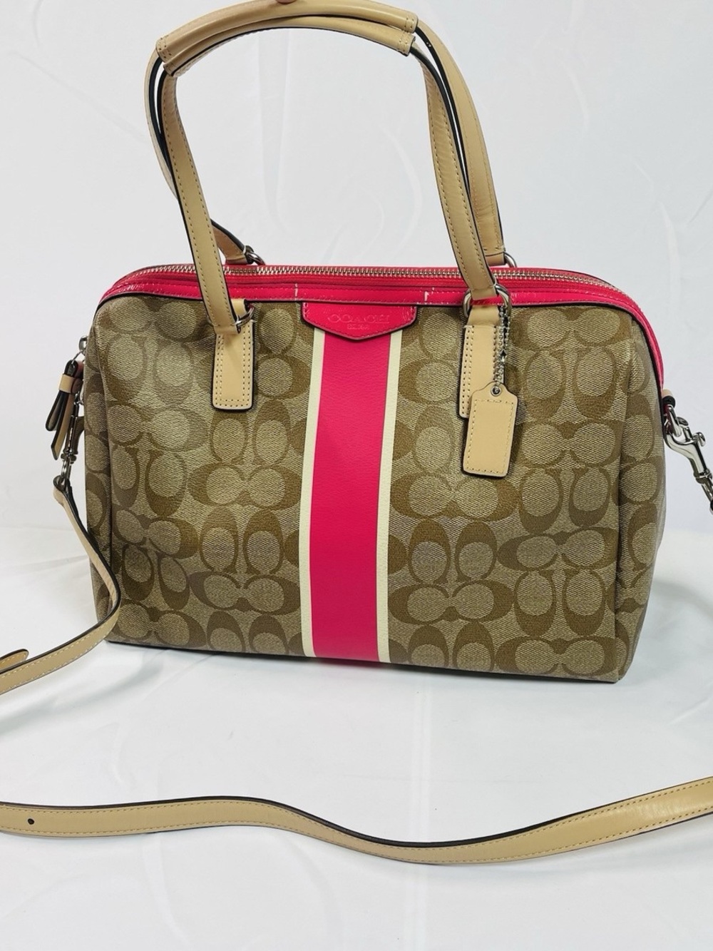 Fair condition Coach Brown Signature Canvas Satchel with Pink Stripe and Tan - Picture 3 of 15
